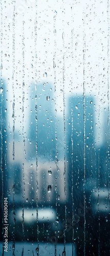 Raindrops on a window with blurred cityscape in the background, depicting a rainy and tranquil urban scene.