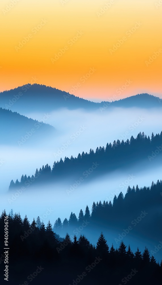 Obraz premium Serene mountain landscape at dawn with layered mist and a vibrant orange sky, perfect for nature and landscape photography enthusiasts.