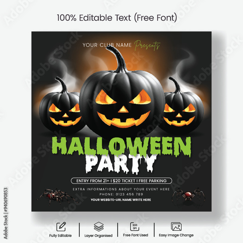 Halloween celebration party social media post banner ads template Halloween costume contest party square flyer or poster with Halloween scary illustration background template