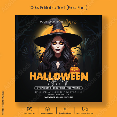 Halloween celebration party social media post banner ads template Halloween costume contest party square flyer or poster with Halloween scary illustration background template