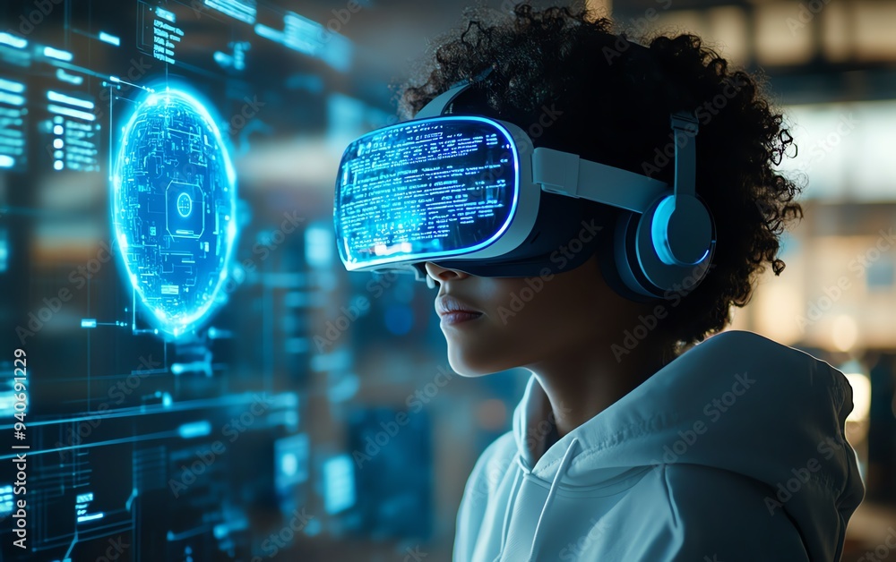 Classroom innovation featuring a school student wearing a VR headset, interacting with AI technology and machine learning, with a blue AI hologram and smart tech elements Classroom innovation featuring a school student wearing a VR headset, interacting with AI technology and machine learning, with a blue AI hologram and smart tech elements