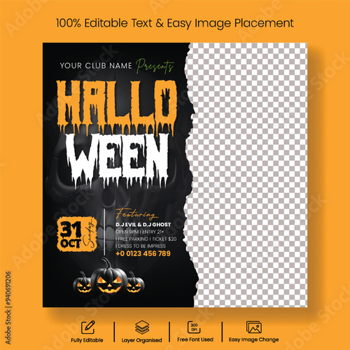 Halloween celebration party social media post banner ads template Halloween costume contest party square flyer or poster with Halloween scary illustration background template