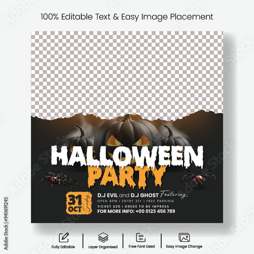Halloween celebration party social media post banner ads template Halloween costume contest party square flyer or poster with Halloween scary illustration background template