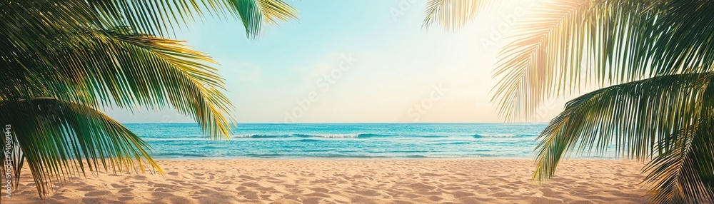 Fototapeta premium Scenic beach view with palm trees framing the sandy shore and blue ocean under a clear sky, perfect tropical getaway.