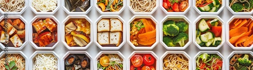 A row of food trays with a variety of dishes including rice, broccoli, carrots photo