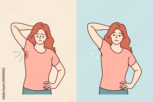 Woman with sweaty armpits rejoices after smell and stains on clothes disappear thanks to deodorant. Girl problem of sweaty armpits disappeared due to use of medications for excessive sweating