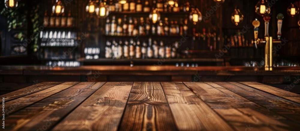 Obraz premium A bar with a wooden counter and a few bottles on it