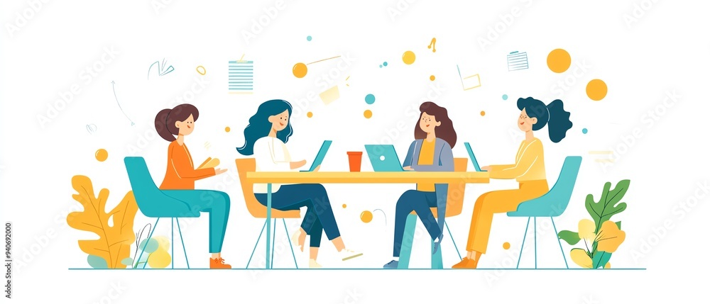 Fototapeta premium Diverse group of four cheerful colleagues engaging in animated communication during a coffee break in the office, capturing a lively and collaborative workplace atmosphere