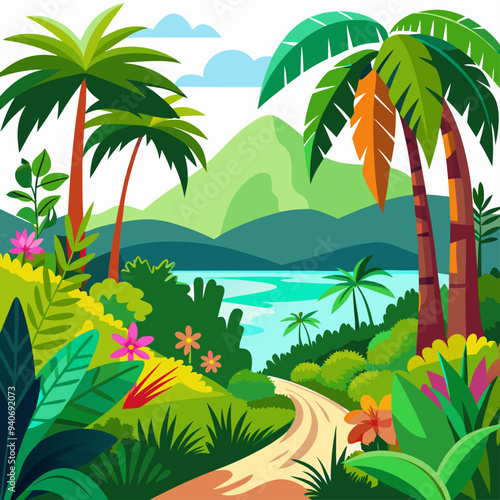 Lush Tropical Landscape with Winding Path and Palm Trees