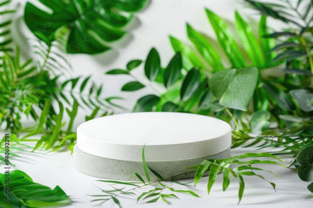White round podium surrounded by green leaves on a white background. White round podium surrounded by green leaves on a white background.
