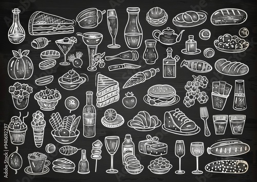 A black and white drawing of various food items and drinks, including wine, beer photo