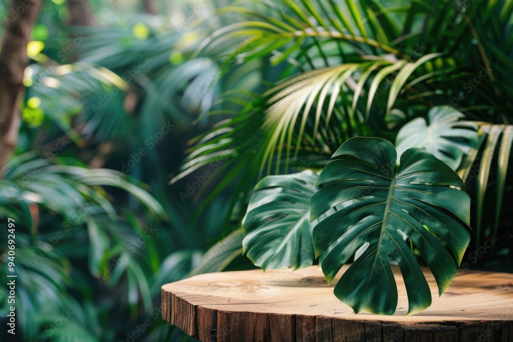 A large green leaf on a wooden surface in a lush jungle setting A large green leaf on a wooden surface in a lush jungle setting