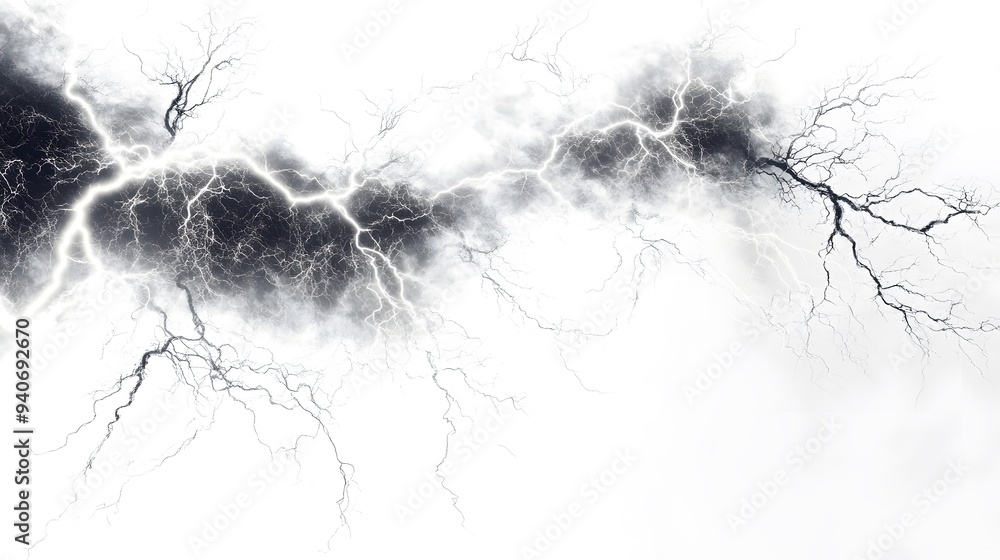 Electric Sparks: Crackling electric sparks branching out in all directions, captured in sharp detail on a white background.
Electric Sparks: Crackling electric sparks branching out in all directions, captured in sharp detail on a white background.