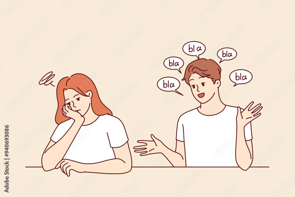 Chatterbox man causes discomfort to woman who does not want to listen to boyfriend empty words and fantasies. Girl upset by chatterbox showing lack of empathy in relationship with wife Chatterbox man causes discomfort to woman who does not want to listen to boyfriend empty words and fantasies. Girl upset by chatterbox showing lack of empathy in relationship with wife