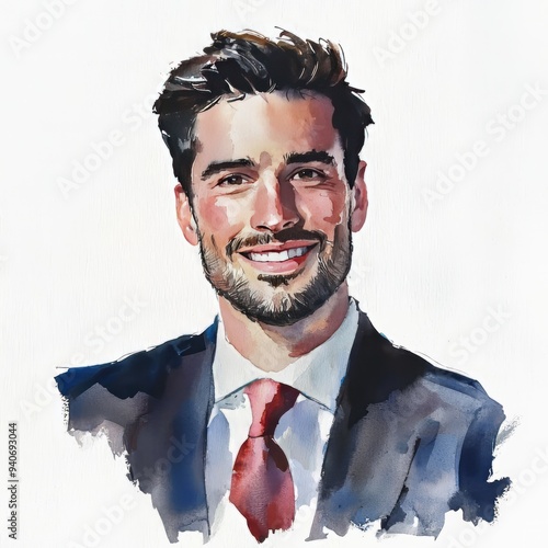 watercolor painting of a man in a classic suit and tie with a smile, on isolated white background