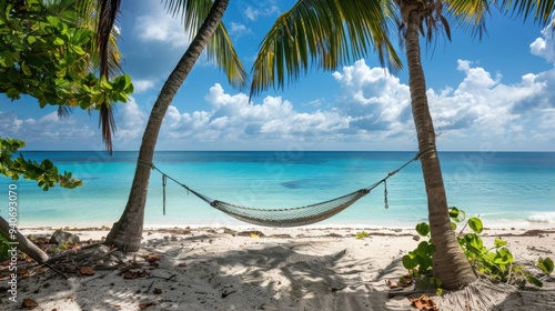 Tranquil Paradise. Serene beach with turquoise waters, white sand, and a hammock tied between two...