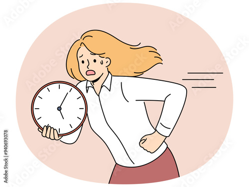 Running woman is holding clock and is nervous trying to comply with deadlines and complete work on time. Business woman making career as manager is in hurry to not be late and meet deadlines.