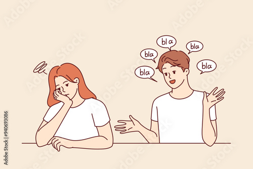 Chatterbox man causes discomfort to woman who does not want to listen to boyfriend empty words and fantasies. Girl upset by chatterbox showing lack of empathy in relationship with wife