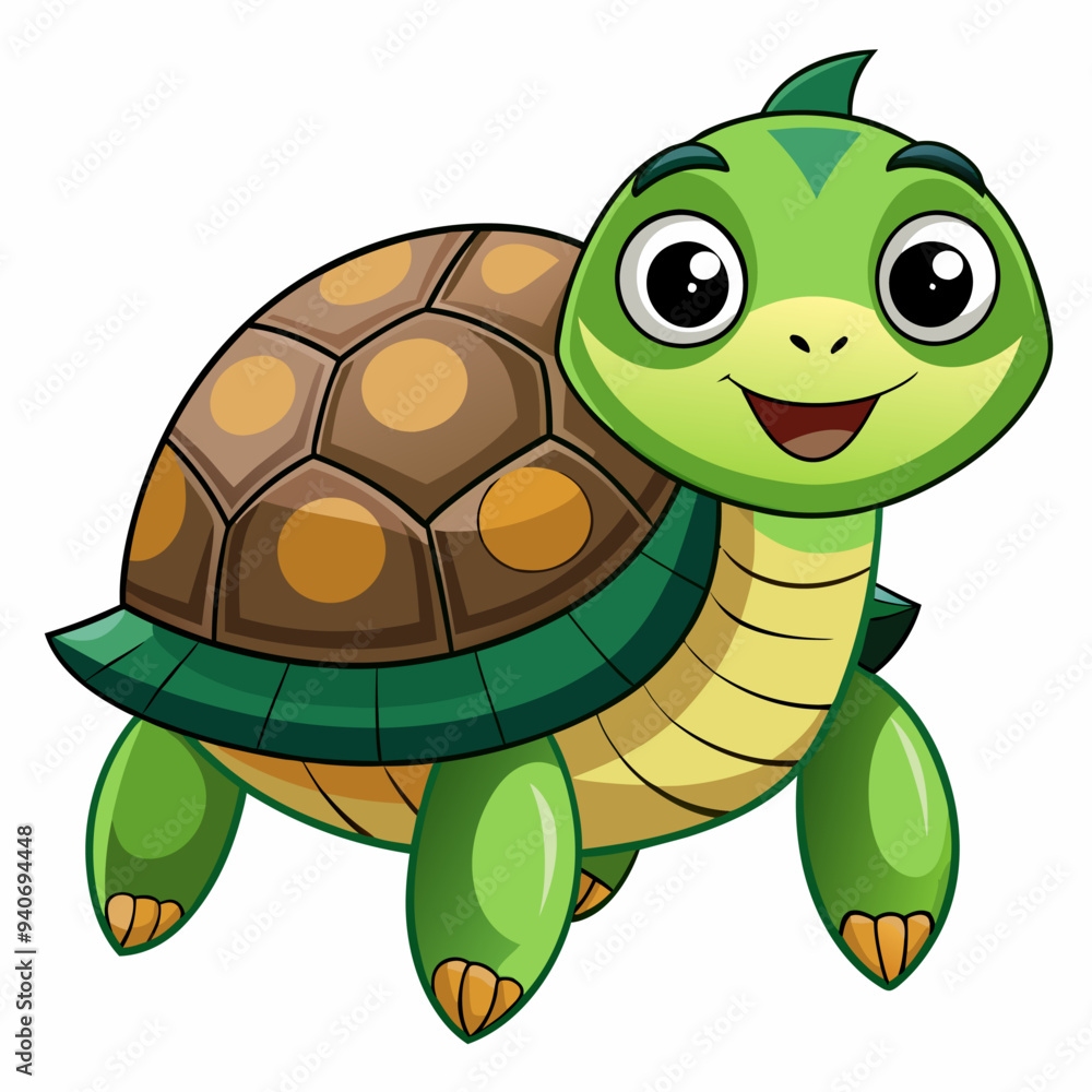 Fototapeta premium Cartoon Illustration of a Green Turtle with a Brown Shell
