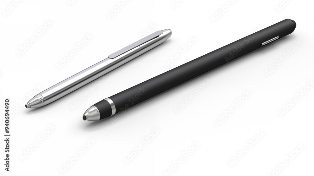 Assorted pens neatly arranged on a clean white background . Assorted pens neatly arranged on a clean white background .