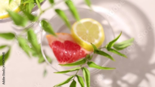 光が差し込んだガラスの花瓶に入った観葉植物の葉とレモン、グレープフルーツ。