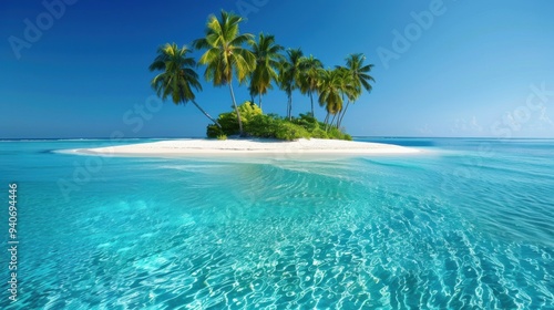 Tropical island with palm trees in the ocean, showcasing paradise-like coastal beauty.