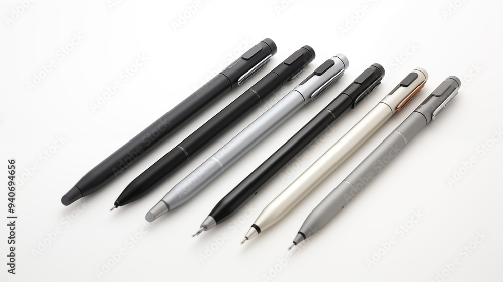Assorted pens neatly arranged on a clean white background . Assorted pens neatly arranged on a clean white background .