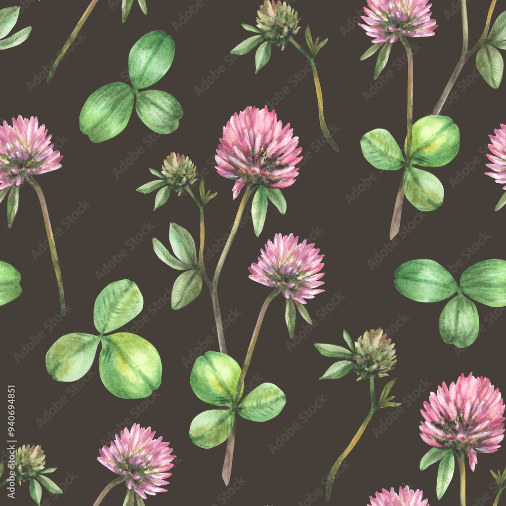 Clover flower twig with leaves and bud seamless pattern. Watercolor illustration Hand drawn pink field wildflowers. Spring floral botanical wallpaper print. Meadow clipart on isolated dark background Clover flower twig with leaves and bud seamless pattern. Watercolor illustration Hand drawn pink field wildflowers. Spring floral botanical wallpaper print. Meadow clipart on isolated dark background