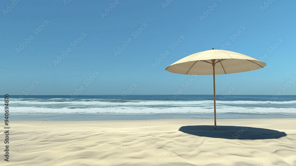 Scenic beach with a single umbrella on a sandy shore under a clear blue sky, perfect for a peaceful seaside escape Scenic beach with a single umbrella on a sandy shore under a clear blue sky, perfect for a peaceful seaside escape
