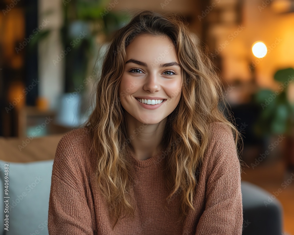 Happy young woman engaged in a virtual team meeting call from home, reflecting remote work and flexible culture with a friendly and productive atmosphere Happy young woman engaged in a virtual team meeting call from home, reflecting remote work and flexible culture with a friendly and productive atmosphere