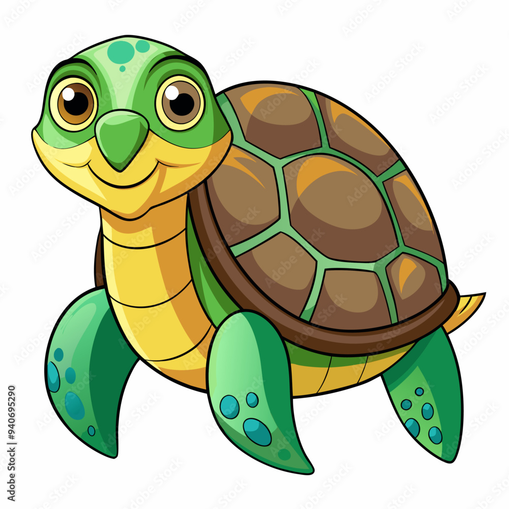 Fototapeta premium Cartoon Illustration of a Green Sea Turtle with a Brown Shell