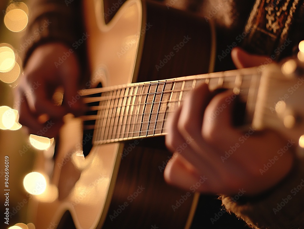 Fototapeta premium Person playing an acoustic guitar in warm ambient lighting