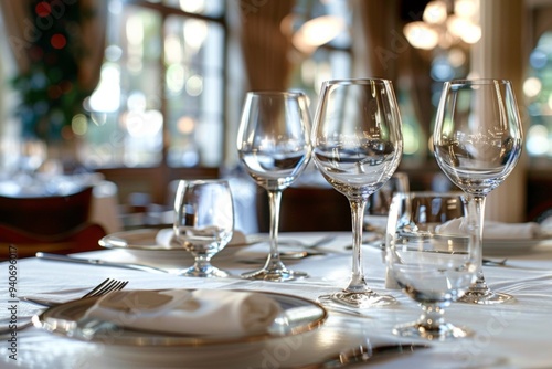 A table with a variety of wine glasses and a white napkin