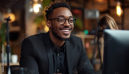 Medium shot of a smiling African American man in glasses and a black suit conversing with an unrecognizable female guest at a table during a podcast session in a studio