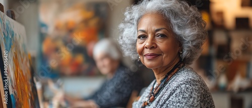 Portrait of a refined senior woman at an easel, painting in an art studio, with other elderly people participating in creative activities in a retirement home