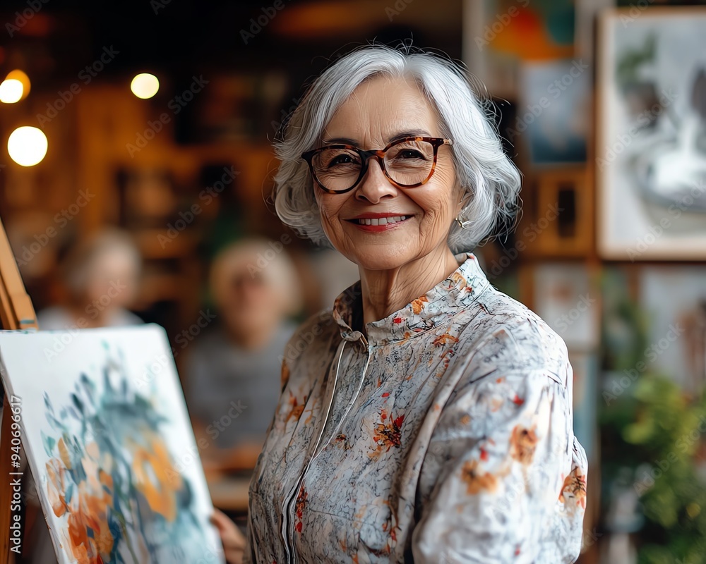 Portrait of an elegant senior woman painting on an easel in an art studio, with a group of elderly people enjoying their creative hobby in a retirement home Portrait of an elegant senior woman painting on an easel in an art studio, with a group of elderly people enjoying their creative hobby in a retirement home