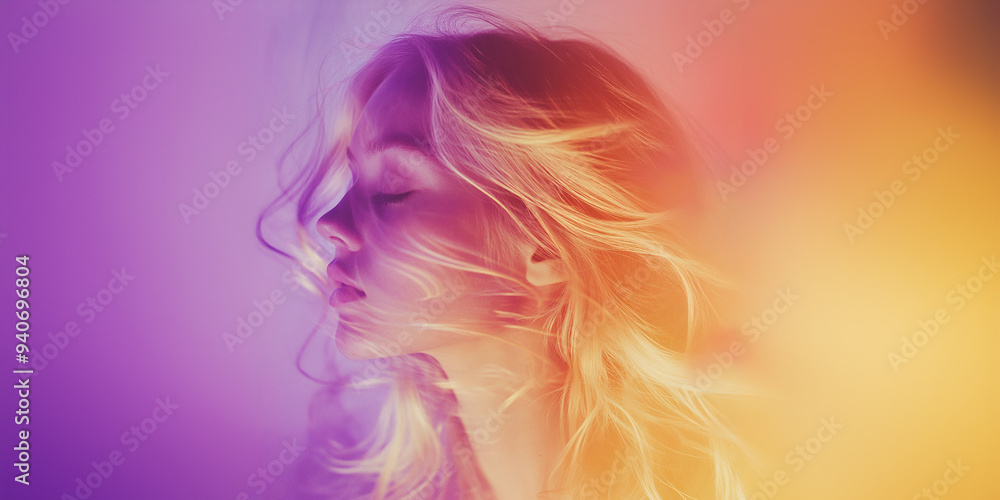 Dreamy Double-Exposure: Ethereal Overlapping Images of a Blonde Woman with Flowing Hair in Warm, Surreal Shades of Purple, Pink, and Orange Dreamy Double-Exposure: Ethereal Overlapping Images of a Blonde Woman with Flowing Hair in Warm, Surreal Shades of Purple, Pink, and Orange