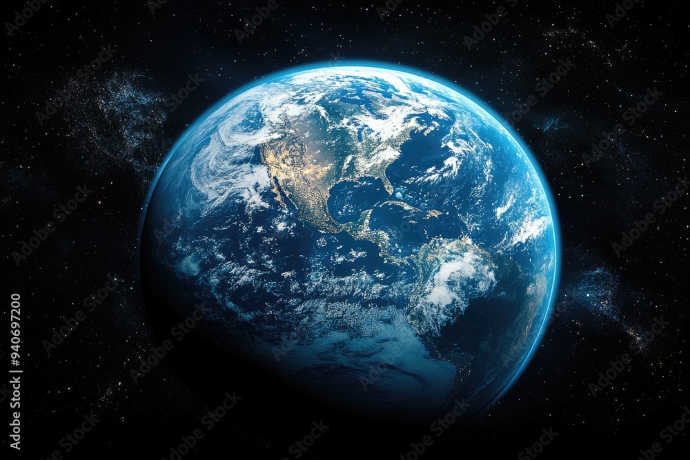 Obraz premium Earth from Space with North America and Stars Visible