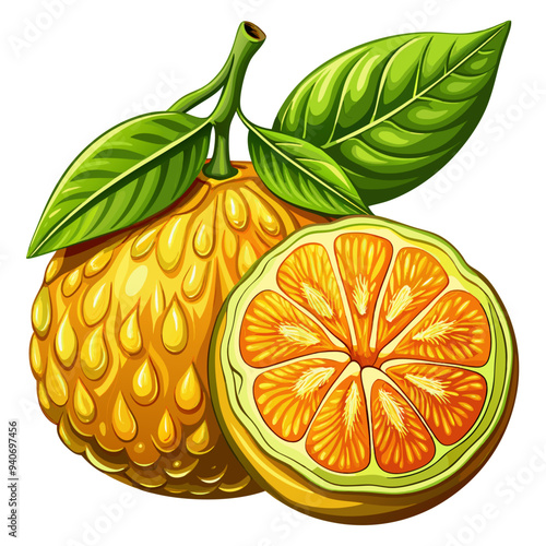 Whole and Sliced Citrus Fruit with Green Leaves