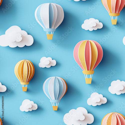 ペーパークラフト風の気球と雲パターン