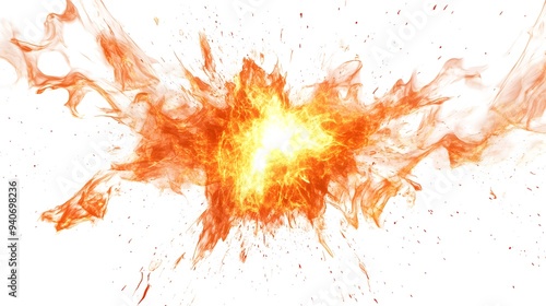 Fire Burst: A burst of flame, with tongues of fire reaching out in all directions, sharply contrasted against a white background.
 photo