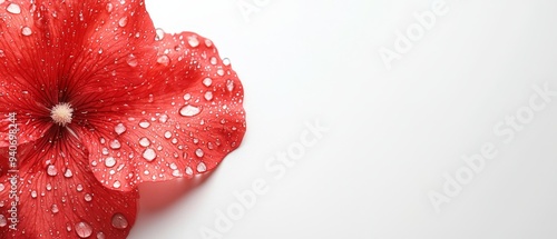  Close-up of a red flower against a white backdrop, featuring droplets of water on its petals