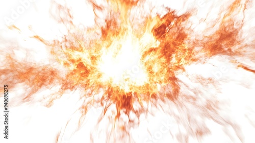 Fire Burst: A burst of flame, with tongues of fire reaching out in all directions, sharply contrasted against a white background.
 photo