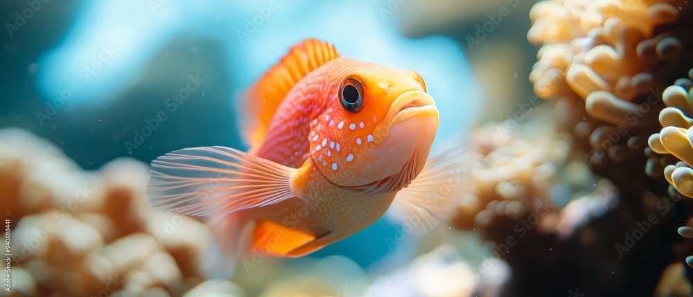 A goldfish in focus within an aquarium, foreground filled with vibrant corals, background showcasing a tranquil blue sky A goldfish in focus within an aquarium, foreground filled with vibrant corals, background showcasing a tranquil blue sky