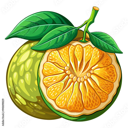 Whole and Halved Green Tangerine with Leaves
