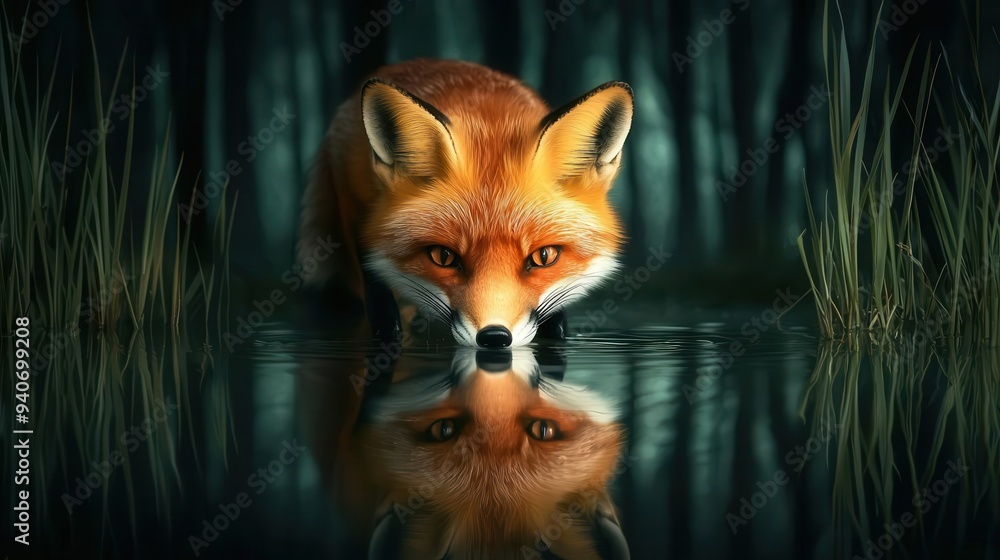 Fototapeta premium A fox drinking from a woodland pond, with trees reflected in the still water, surrounded by tall grass, soft lighting, tranquil and natural