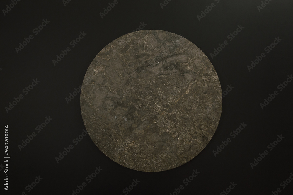 Top view of brown marble plate on black background. Food presentation, stone tray. Copy space, flat lay. Top view of brown marble plate on black background. Food presentation, stone tray. Copy space, flat lay.
