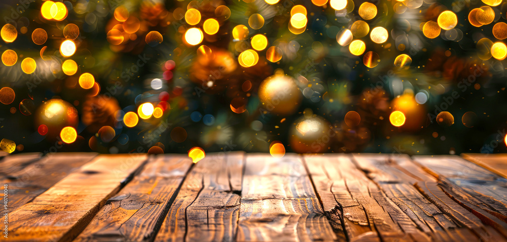 Christmas holiday background with empty wooden deck table over festive bokeh. Ready for product montage Christmas holiday background with empty wooden deck table over festive bokeh. Ready for product montage
