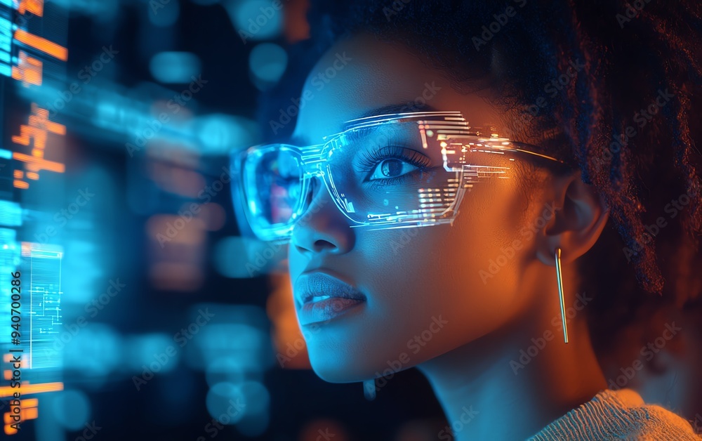 AI cyber security threat scene with a female African American IT specialist examining holographic data AI cyber security threat scene with a female African American IT specialist examining holographic data
