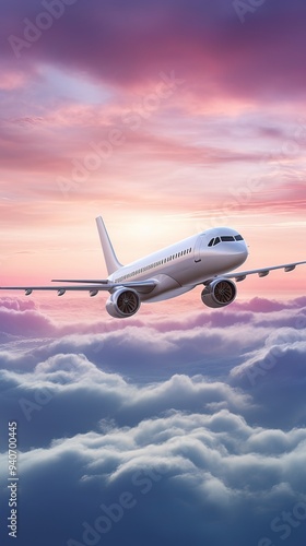 A sleek airplane soaring above majestic clouds during a vibrant sunset, symbolizing travel and adventure in the sky.